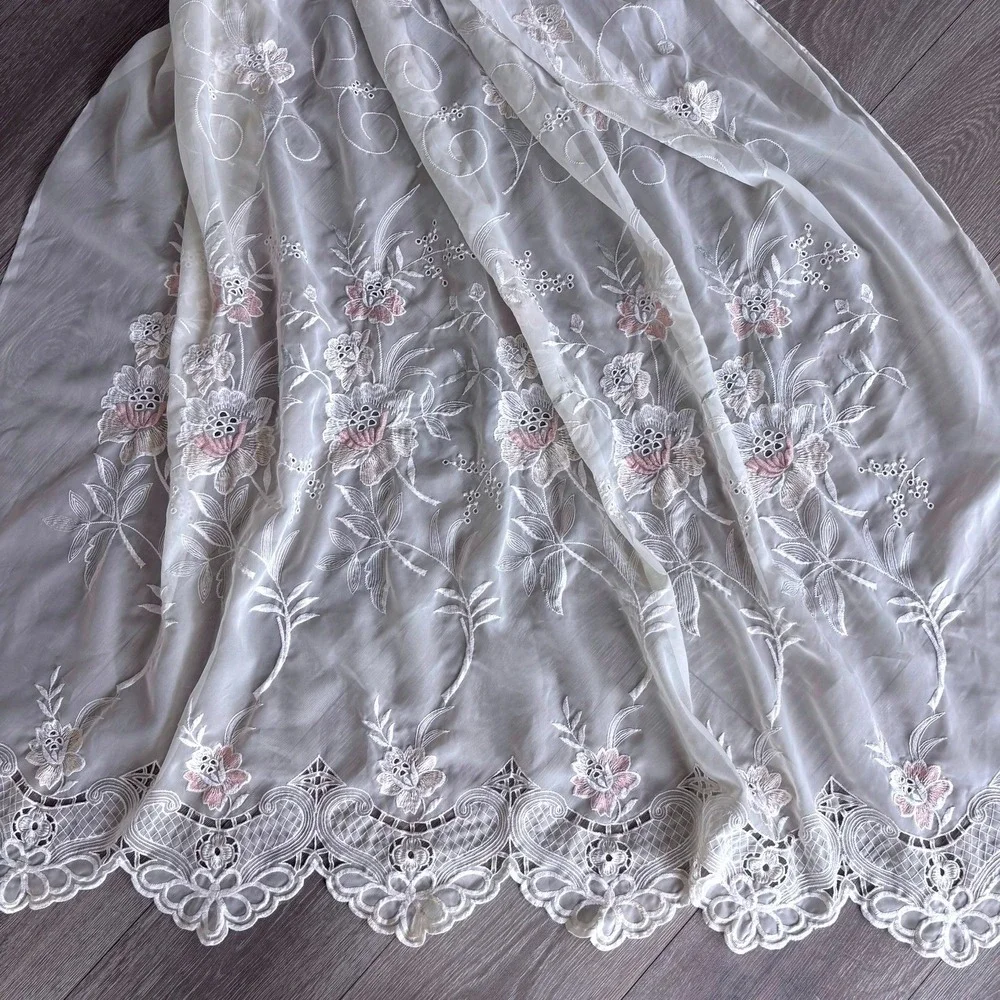 Vintage Floral Embroidered Sheer Fairy Curtain Panel Ivory Pink Lace Trim 71x56